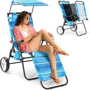 Slsy Beach Cart Chairs with Wheels, 2 in 1 Heavy Duty Beach Chair with Canopy Shade, Folding Lounge Chair with Integrated Wagon Pull Cart Combination, Perfect for Backyard, Pool or Picnic