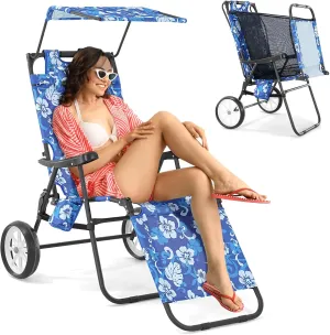 Slsy Beach Cart Chairs with Wheels, 2 in 1 Heavy Duty Beach Chair with Canopy Shade, Folding Lounge Chair with Integrated Wagon Pull Cart Combination, Perfect for Backyard, Pool or Picnic