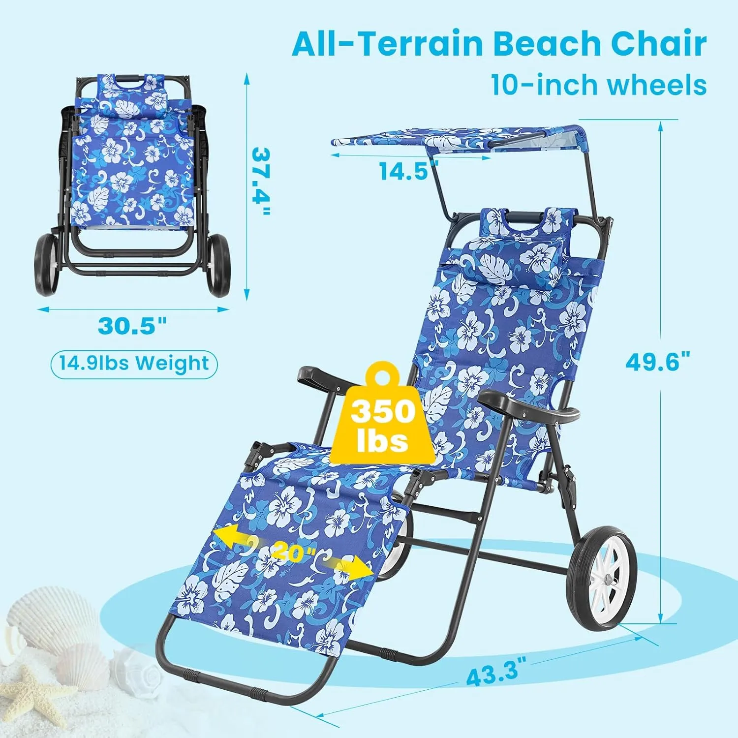 Slsy Beach Cart Chairs with Wheels, 2 in 1 Heavy Duty Beach Chair with Canopy Shade, Folding Lounge Chair with Integrated Wagon Pull Cart Combination, Perfect for Backyard, Pool or Picnic