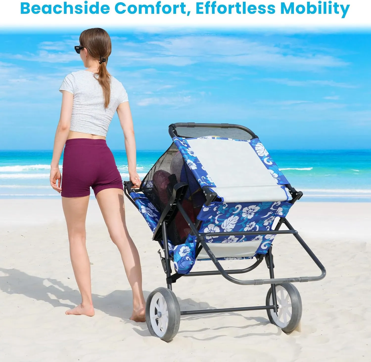 Slsy Beach Cart Chairs with Wheels, 2 in 1 Heavy Duty Beach Chair with Canopy Shade, Folding Lounge Chair with Integrated Wagon Pull Cart Combination, Perfect for Backyard, Pool or Picnic