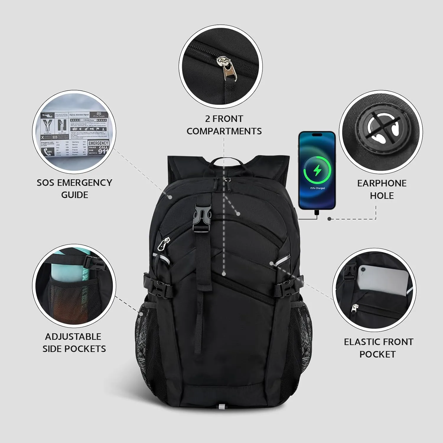 Small Hiking Backpack, 20L Lightweight Travel Backpack with Phone Pocket, Hiking Daypack for Women Men,Black