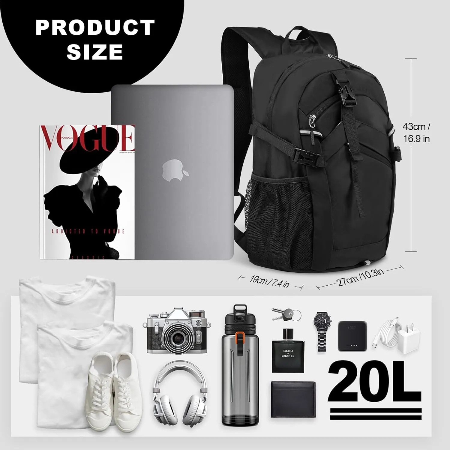 Small Hiking Backpack, 20L Lightweight Travel Backpack with Phone Pocket, Hiking Daypack for Women Men,Black