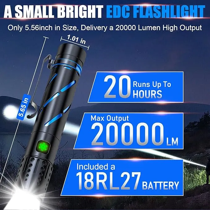 Small Rechargeable Flashlight 20000 High Lumens - 1500 Meters Long Beam Super Bright LED Tactical Flash light with Pocket Clip & IPX5 Waterproof for Camping, 4 Modes Zoomable Pocket EDC Flashlight