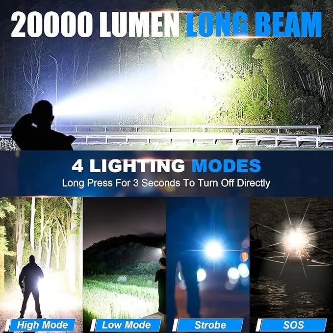Small Rechargeable Flashlight 20000 High Lumens - 1500 Meters Long Beam Super Bright LED Tactical Flash light with Pocket Clip & IPX5 Waterproof for Camping, 4 Modes Zoomable Pocket EDC Flashlight