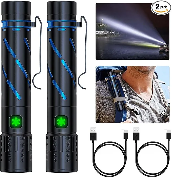 Small Rechargeable Flashlight 20000 High Lumens - 1500 Meters Long Beam Super Bright LED Tactical Flash light with Pocket Clip & IPX5 Waterproof for Camping, 4 Modes Zoomable Pocket EDC Flashlight