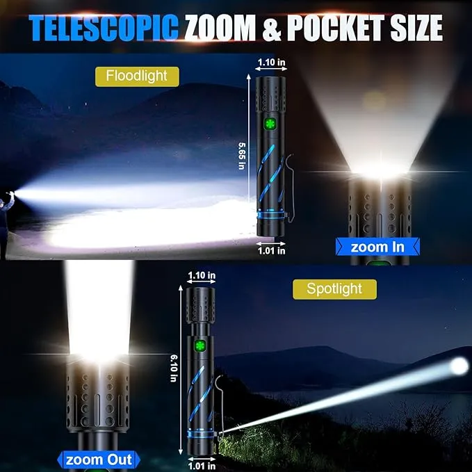 Small Rechargeable Flashlight 20000 High Lumens - 1500 Meters Long Beam Super Bright LED Tactical Flash light with Pocket Clip & IPX5 Waterproof for Camping, 4 Modes Zoomable Pocket EDC Flashlight