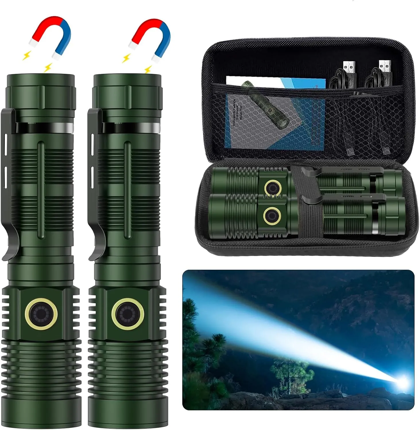 Small Tactical Flashlights 20000 High Lumens - 1500 Meters Long Beam Super Bright LED Magnetic Flashlight USB Rechargeable Zoomable 5Modes Long Beam Spotlight Flashlight for Hiking, Camping-dark Green