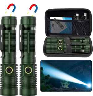 Small Tactical Flashlights 20000 High Lumens - 1500 Meters Long Beam Super Bright LED Magnetic Flashlight USB Rechargeable Zoomable 5Modes Long Beam Spotlight Flashlight for Hiking, Camping-dark Green