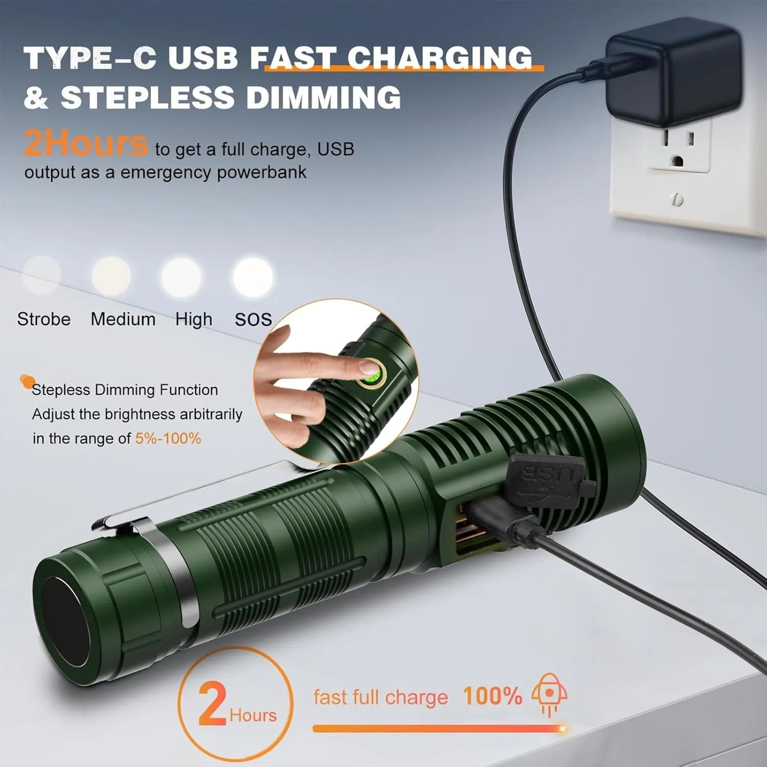 Small Tactical Flashlights 20000 High Lumens - 1500 Meters Long Beam Super Bright LED Magnetic Flashlight USB Rechargeable Zoomable 5Modes Long Beam Spotlight Flashlight for Hiking, Camping-dark Green