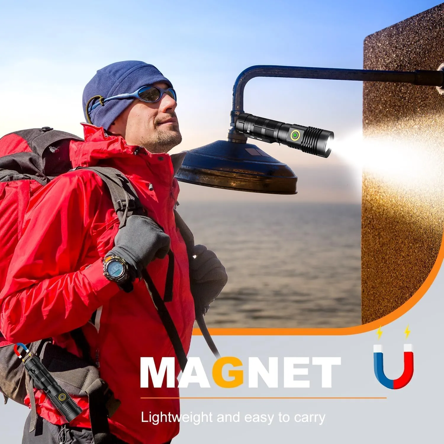 Small Tactical Flashlights High Lumens - 1500 Meters Long Beam Super Bright LED Magnetic Flashlight USB Rechargeable Zoomable 5Modes Long Beam Spotlight Flashlight for Hiking, Camping, 1pcs