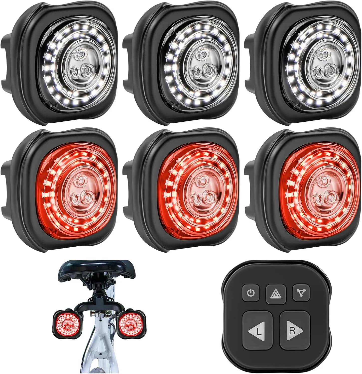 Smart Bike Lights System-Taillight,Headlight&Turn Signal,Sync Front&Rear Bike Light for Night Riding,3 2 1 Light Modes Rechargeable Bicycle Light with Remote Controller,IP67 Waterproof Day/Night Mode
