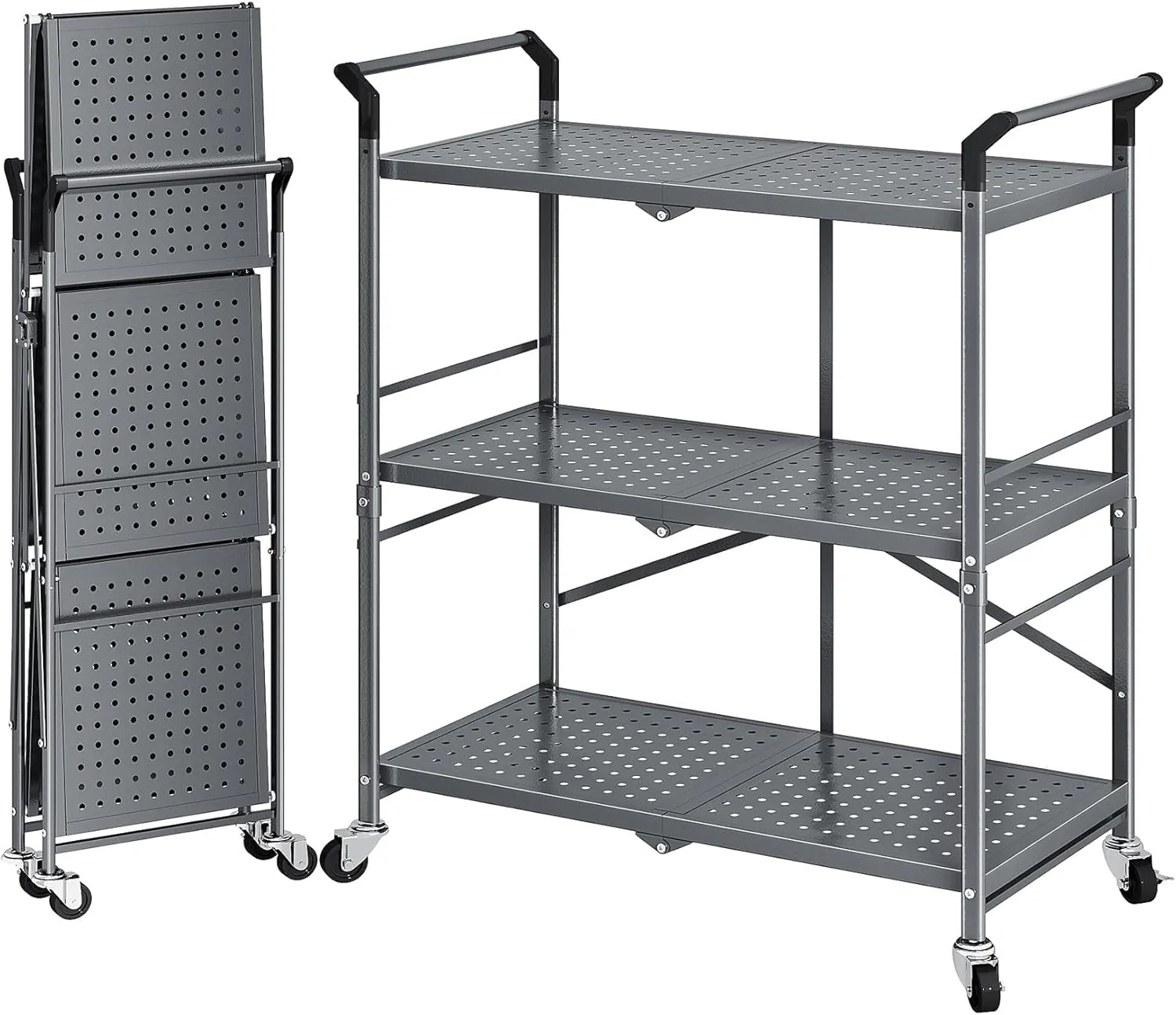 SNTD 3 Tier Rolling Carts with Wheels - Metal Folding Utility Cart for Office Kitchen Garage, Grey