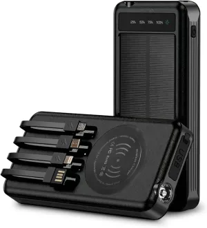Solar Power Bank & Wireless Charging – Portable 10000mAh Battery Pack with LED Flashlight, 4 Built-in USB Cables, Waterproof Outdoor Charger for Camping, Travel, Emergency Backup