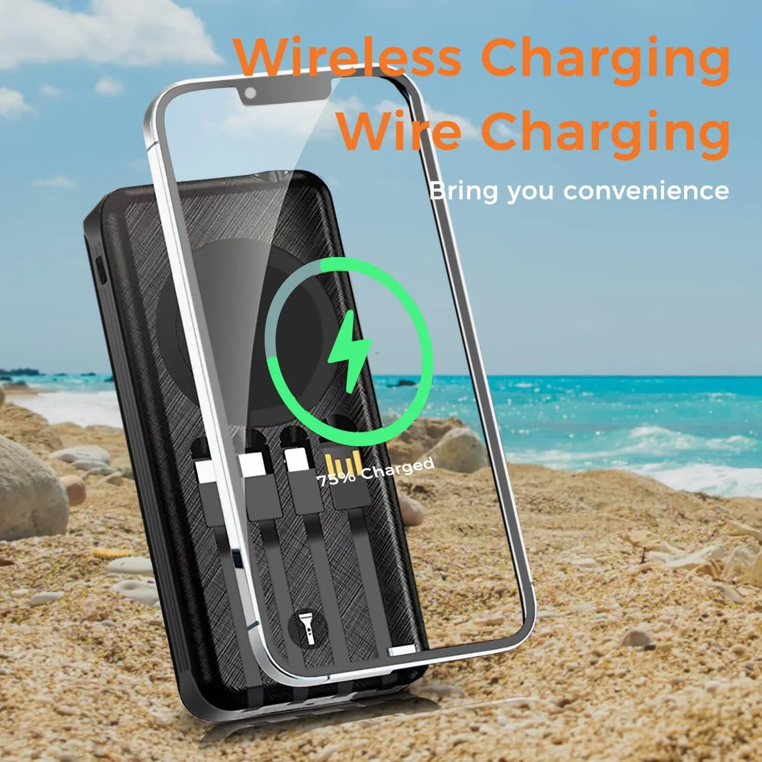 Solar Power Bank & Wireless Charging – Portable 10000mAh Battery Pack with LED Flashlight, 4 Built-in USB Cables, Waterproof Outdoor Charger for Camping, Travel, Emergency Backup