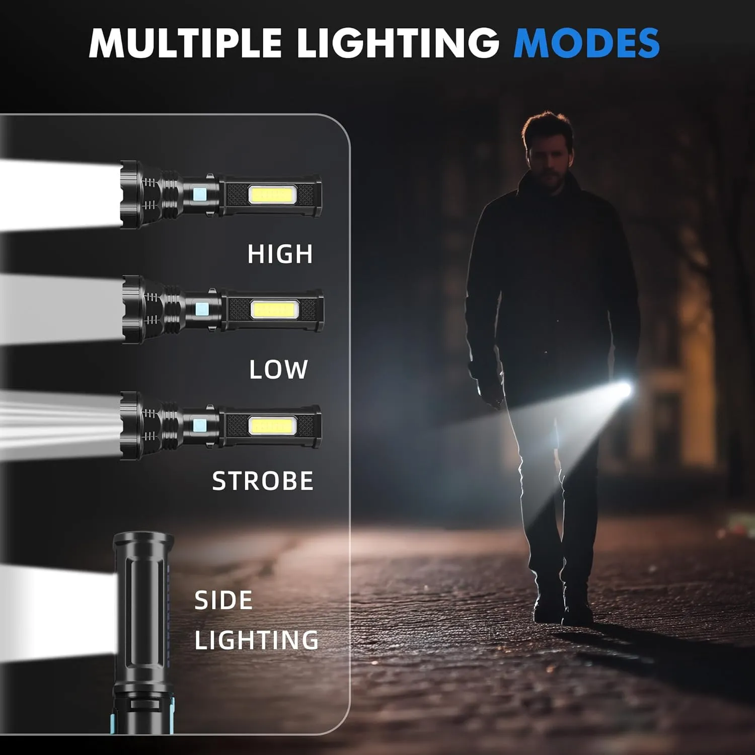 Solar/Rechargeable LED Flashlights, Multi Function Flashlight with 2000 mAh Battery, Emergency Strobe Light, Waterproof, Fast USB Charging, Survival Gear and Supplies for Camping, 4 Pack