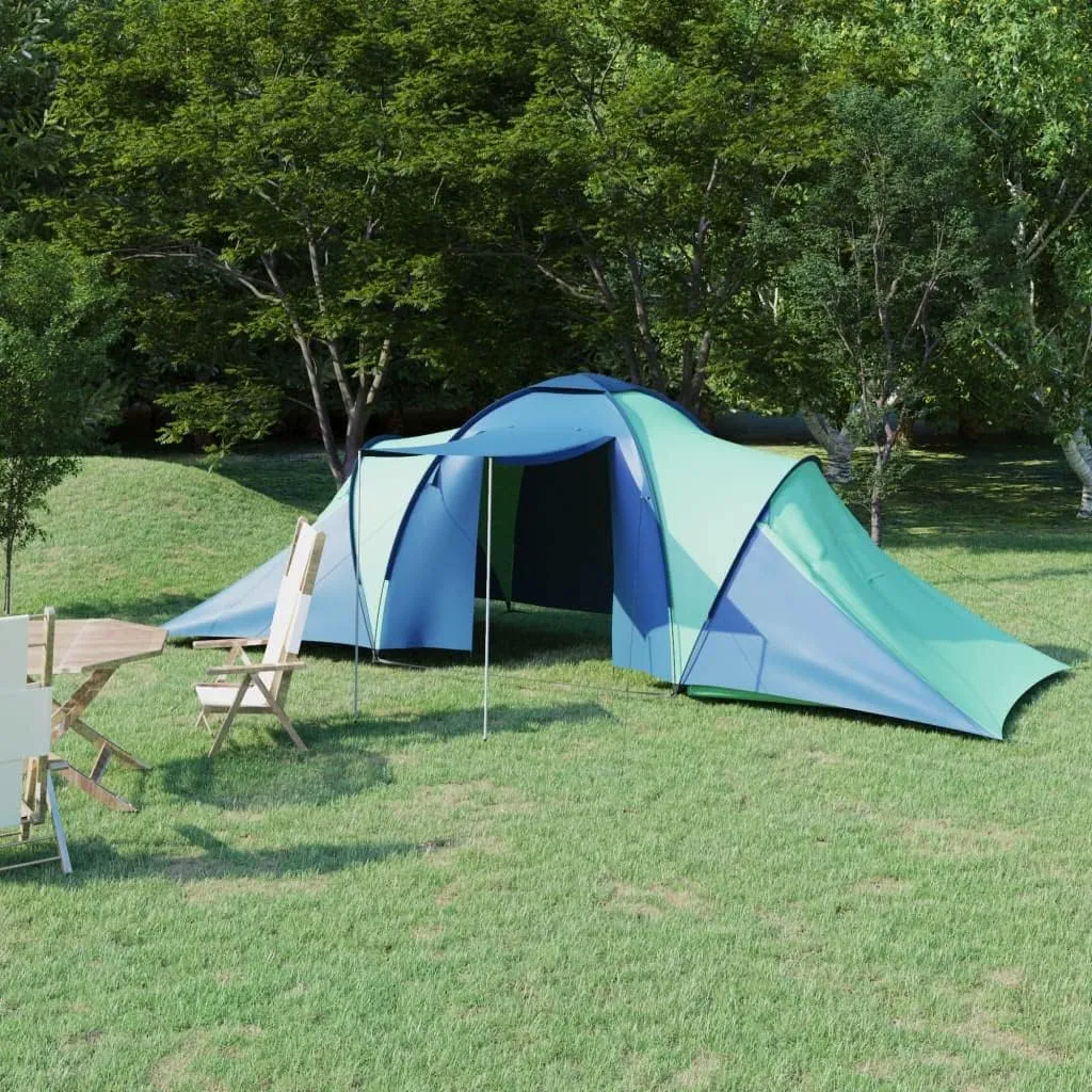 Spacious 6-Person Camping Tent in Blue and Green with Mosquito Net and Dual Compartments