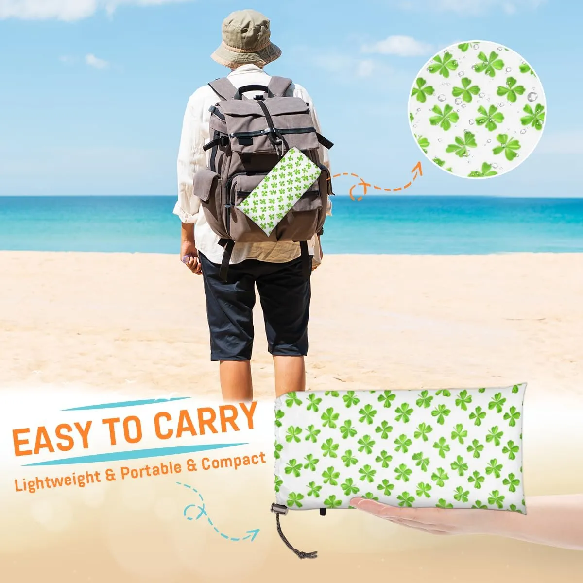 St. Patrick's Day Beach Blanket, Sandproof Beach Mat, Adults Waterproof Quick Drying Sand Free Mat with 4 x Ground Spikes for Outdoor Travel Camping Hiking, Green Clover Shamrock Leaf