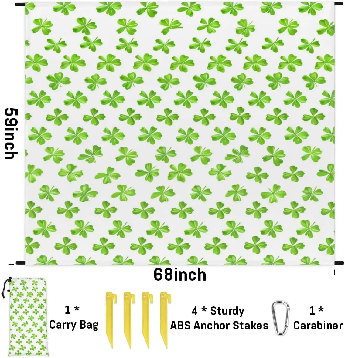 St. Patrick's Day Beach Blanket, Sandproof Beach Mat, Adults Waterproof Quick Drying Sand Free Mat with 4 x Ground Spikes for Outdoor Travel Camping Hiking, Green Clover Shamrock Leaf