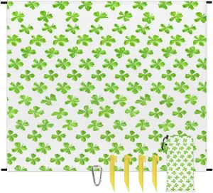 St. Patrick's Day Beach Blanket, Sandproof Beach Mat, Adults Waterproof Quick Drying Sand Free Mat with 4 x Ground Spikes for Outdoor Travel Camping Hiking, Green Clover Shamrock Leaf