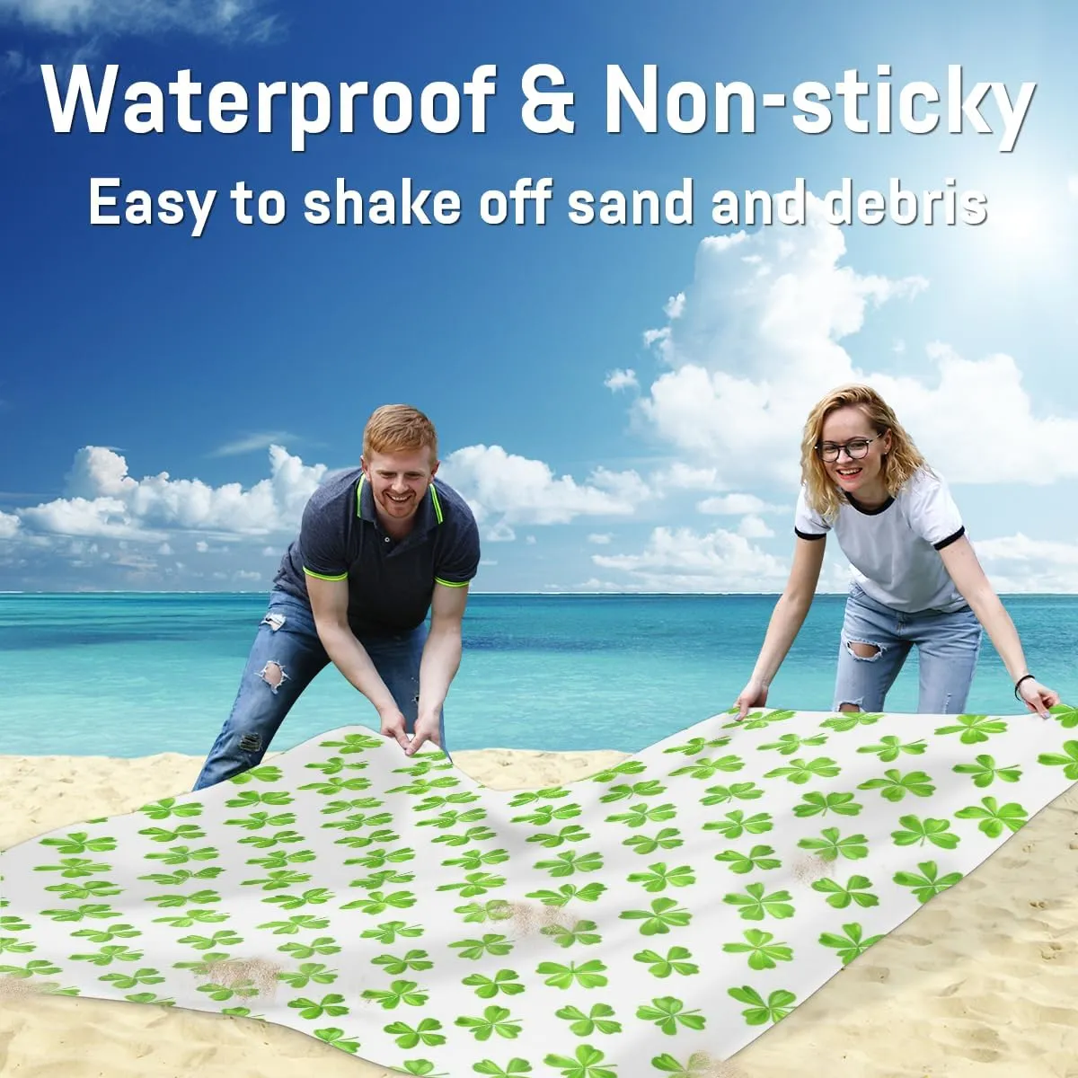 St. Patrick's Day Beach Blanket, Sandproof Beach Mat, Adults Waterproof Quick Drying Sand Free Mat with 4 x Ground Spikes for Outdoor Travel Camping Hiking, Green Clover Shamrock Leaf