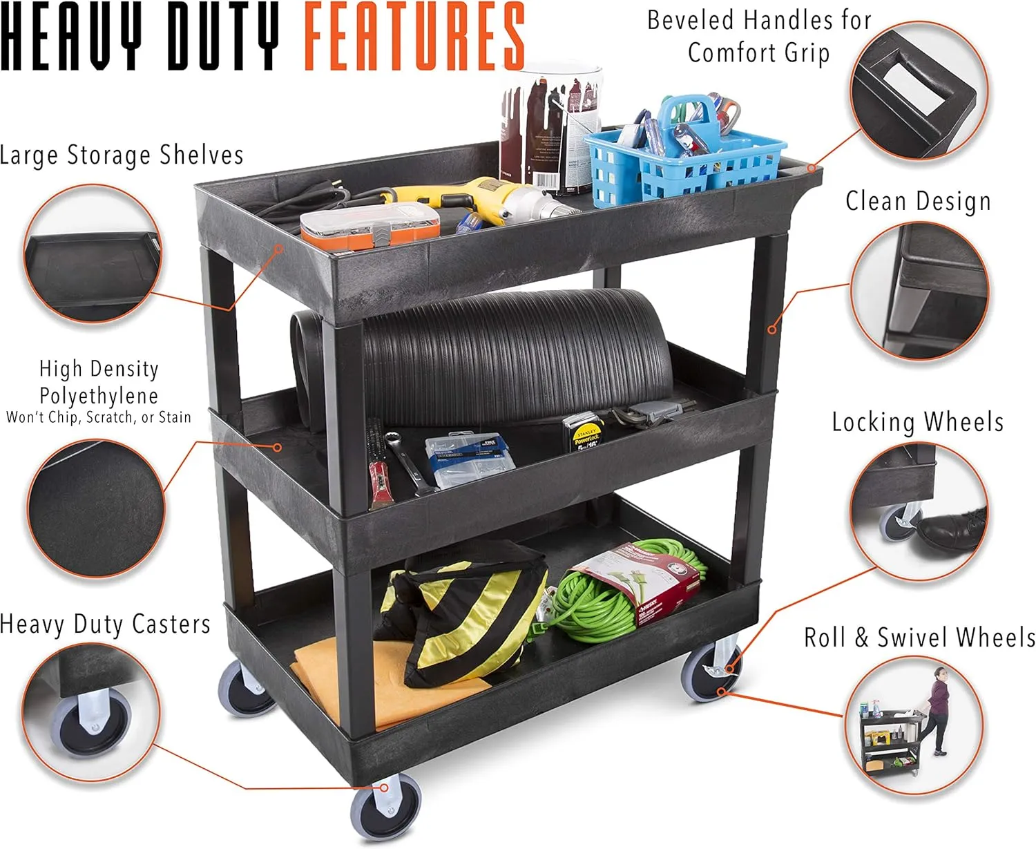 Stand Steady Tubstr 3 Shelf Utility Cart Supports Up to 375 lbs - Heavy-Duty Plastic Service Push Cart with Deep Shelves and 5" Casters, for Offices, Warehouse Storage, Garage (Black, 32 x 18 x 51)