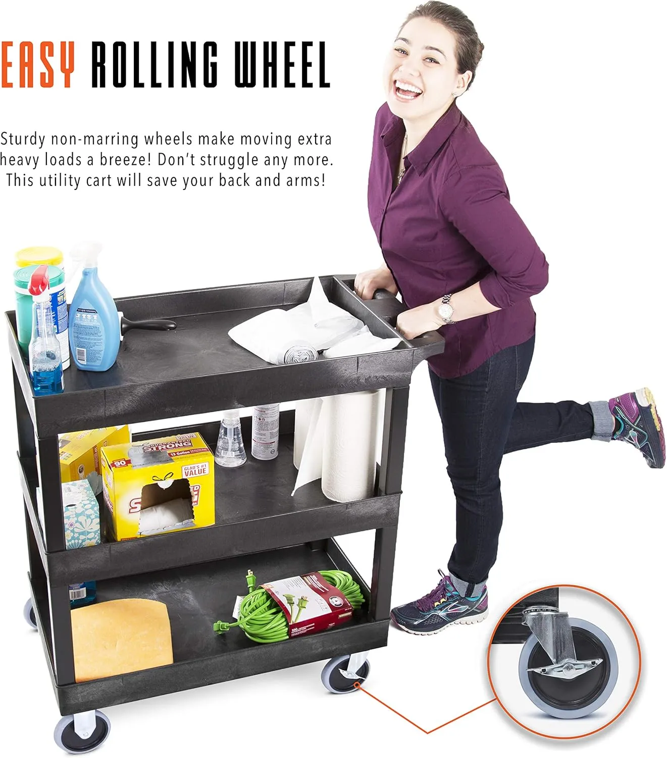 Stand Steady Tubstr 3 Shelf Utility Cart Supports Up to 375 lbs - Heavy-Duty Plastic Service Push Cart with Deep Shelves and 5" Casters, for Offices, Warehouse Storage, Garage (Black, 32 x 18 x 51)