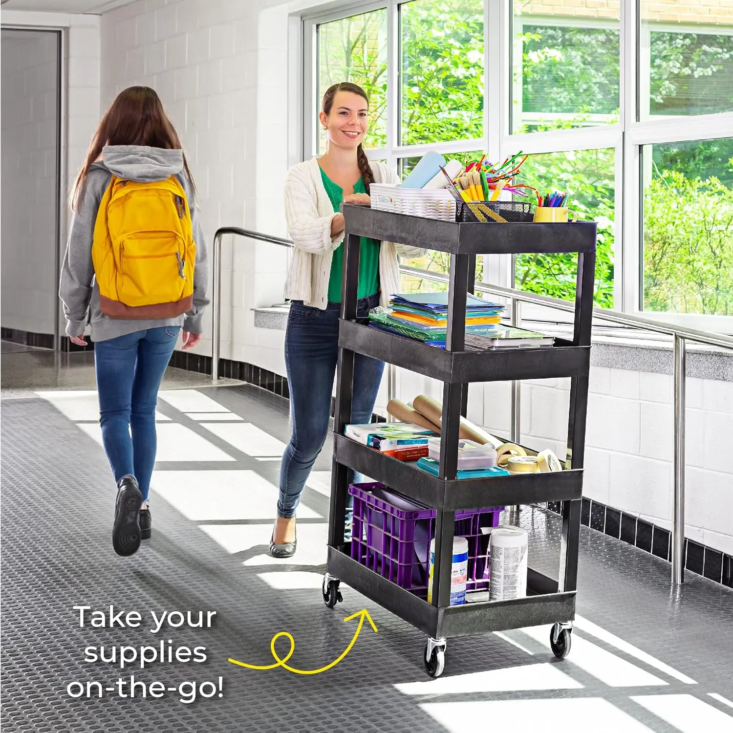 Stand Steady Tubstr 4 Shelf Utility Cart Supports Up to 300 lbs - Heavy-Duty Plastic Service Push Cart with Deep Shelves and 4" Casters, for Offices, Warehouse Storage, Garage (Black, 35 x 18 x 50)