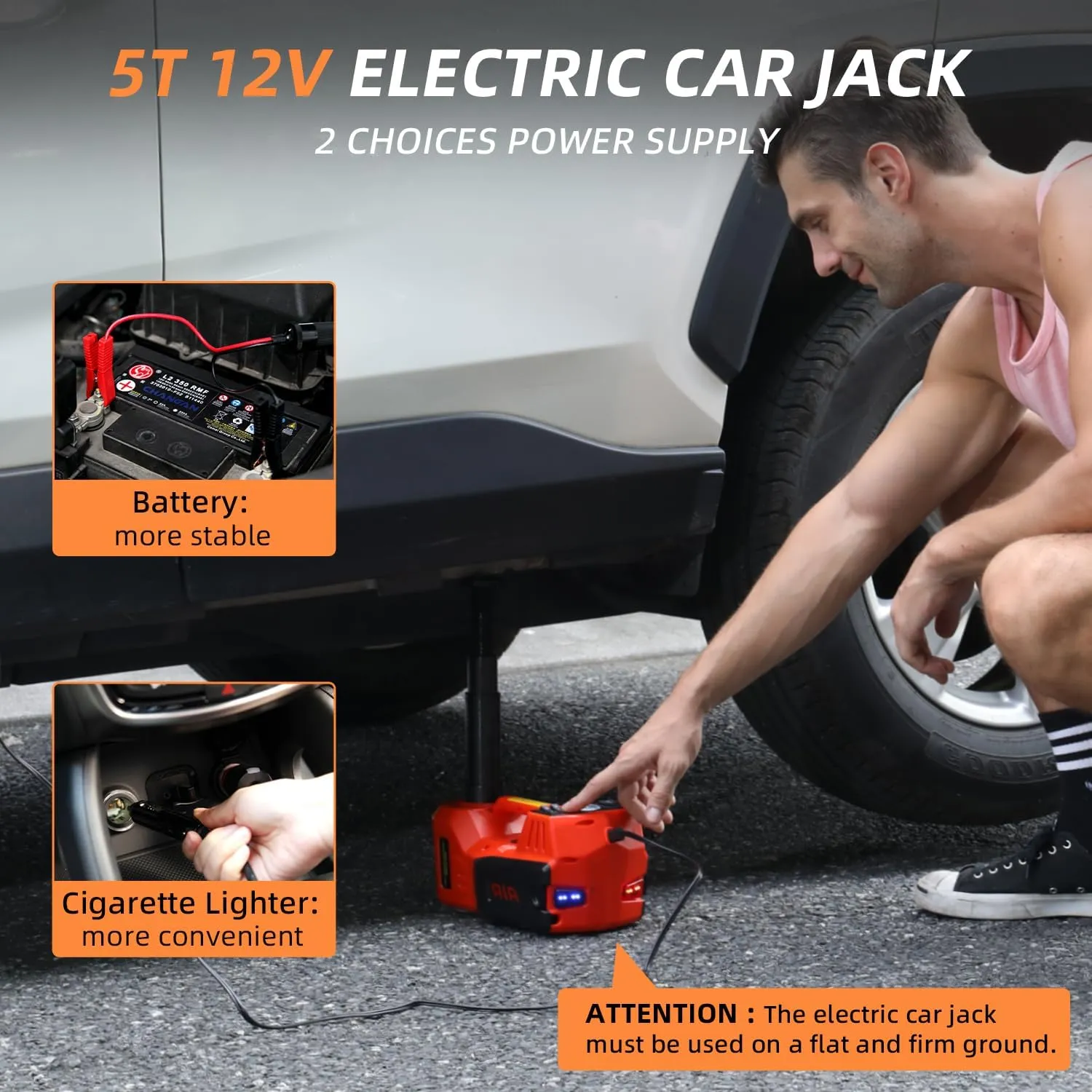 STANDTALL Electric Car Jack Kit 5 Ton 12V Car Jack Hydraulic with Impact Wrench and Tire Inflator Pump, Electric Floor Jack Red with LED Light