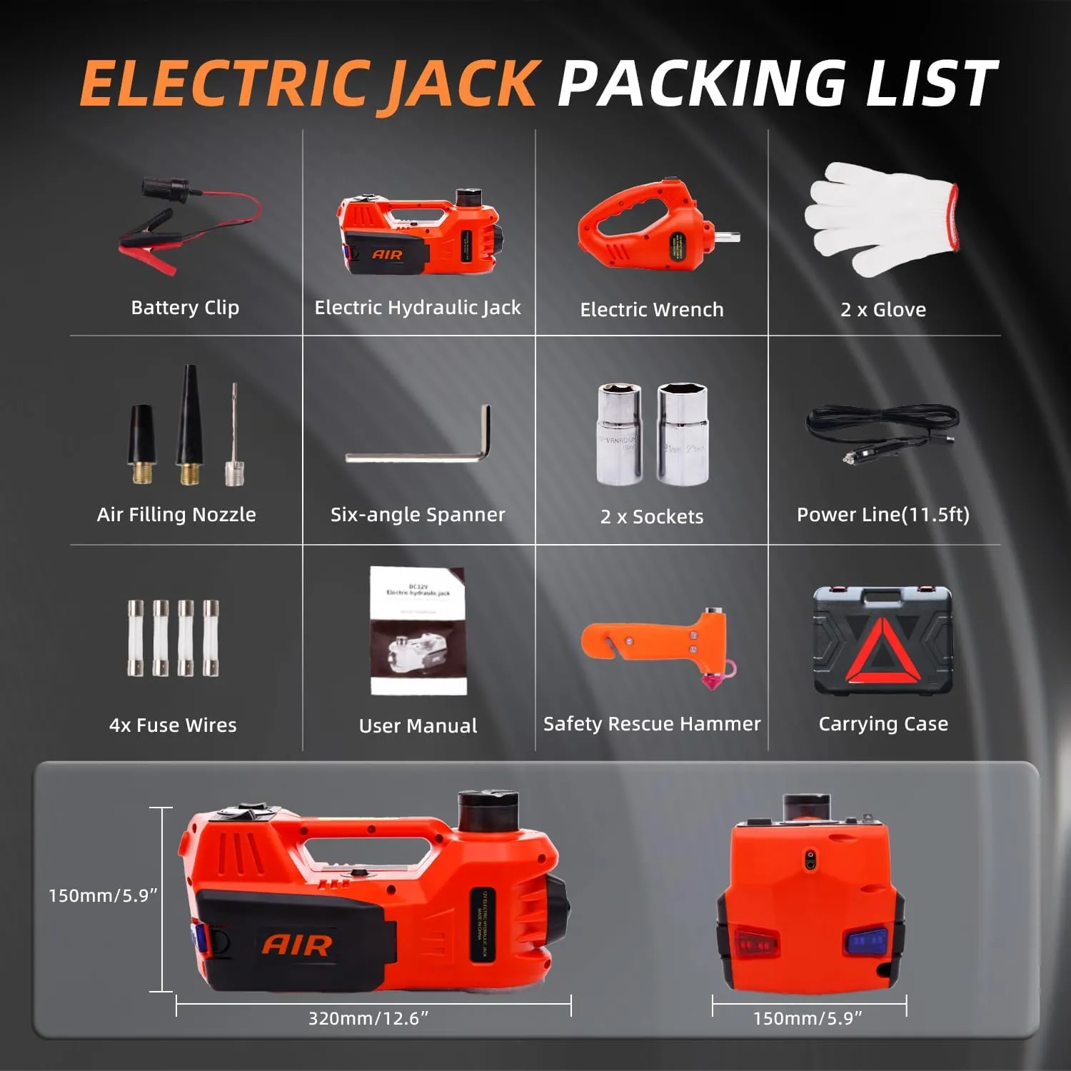 STANDTALL Electric Car Jack Kit 5 Ton 12V Car Jack Hydraulic with Impact Wrench and Tire Inflator Pump, Electric Floor Jack Red with LED Light
