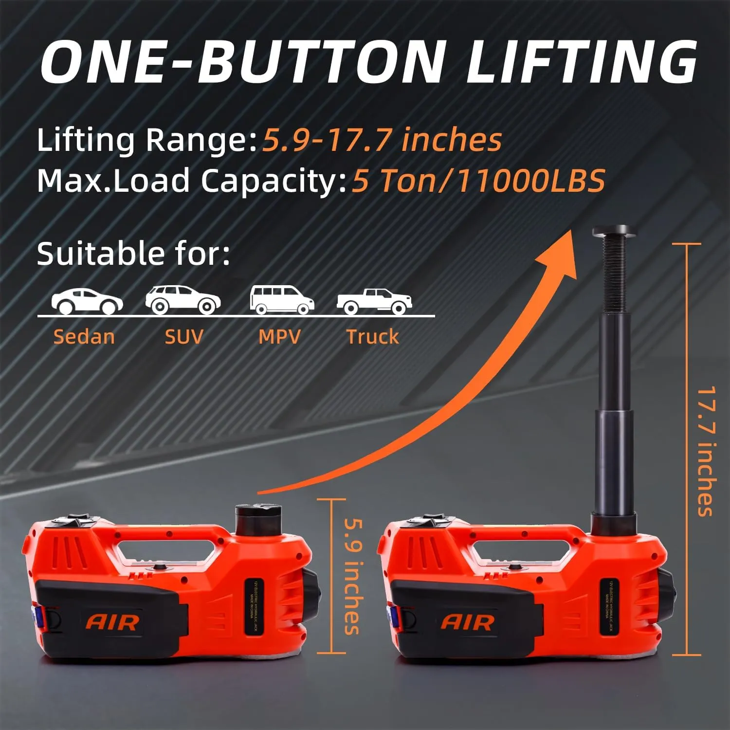 STANDTALL Electric Car Jack Kit 5 Ton 12V Car Jack Hydraulic with Impact Wrench and Tire Inflator Pump, Electric Floor Jack Red with LED Light
