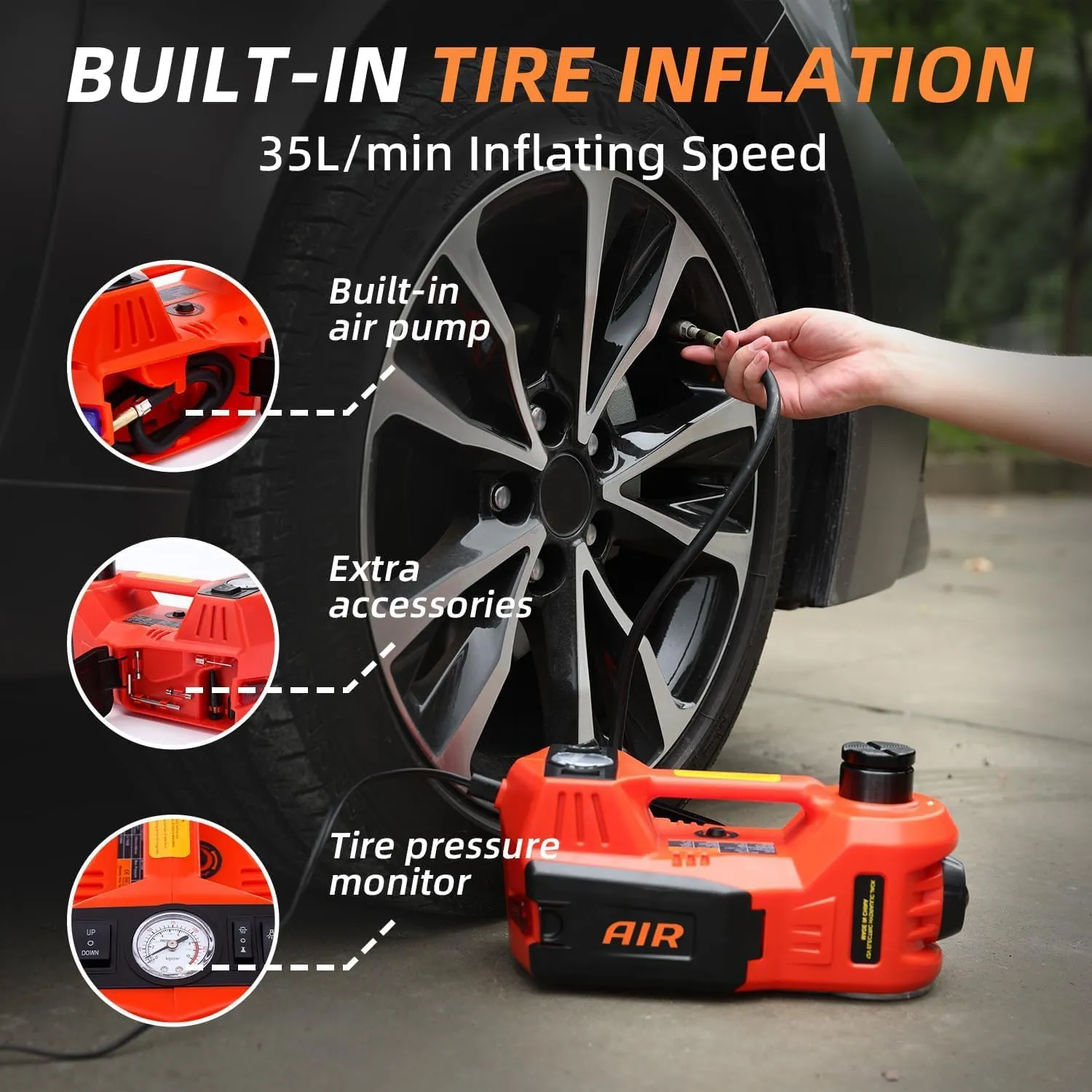 STANDTALL Electric Car Jack Kit 5 Ton 12V Car Jack Hydraulic with Impact Wrench and Tire Inflator Pump, Electric Floor Jack Red with LED Light