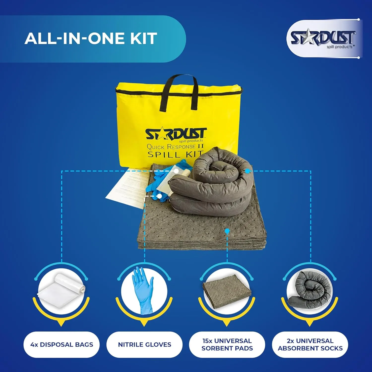Stardust Spill Products Universal Spill Kit – OSHA Compliant Solution for Vehicles, Industrial, & Restaurant Use, Emergency Response Chemical, Water, & Bodily Fluid Cleanup, 12-Pack