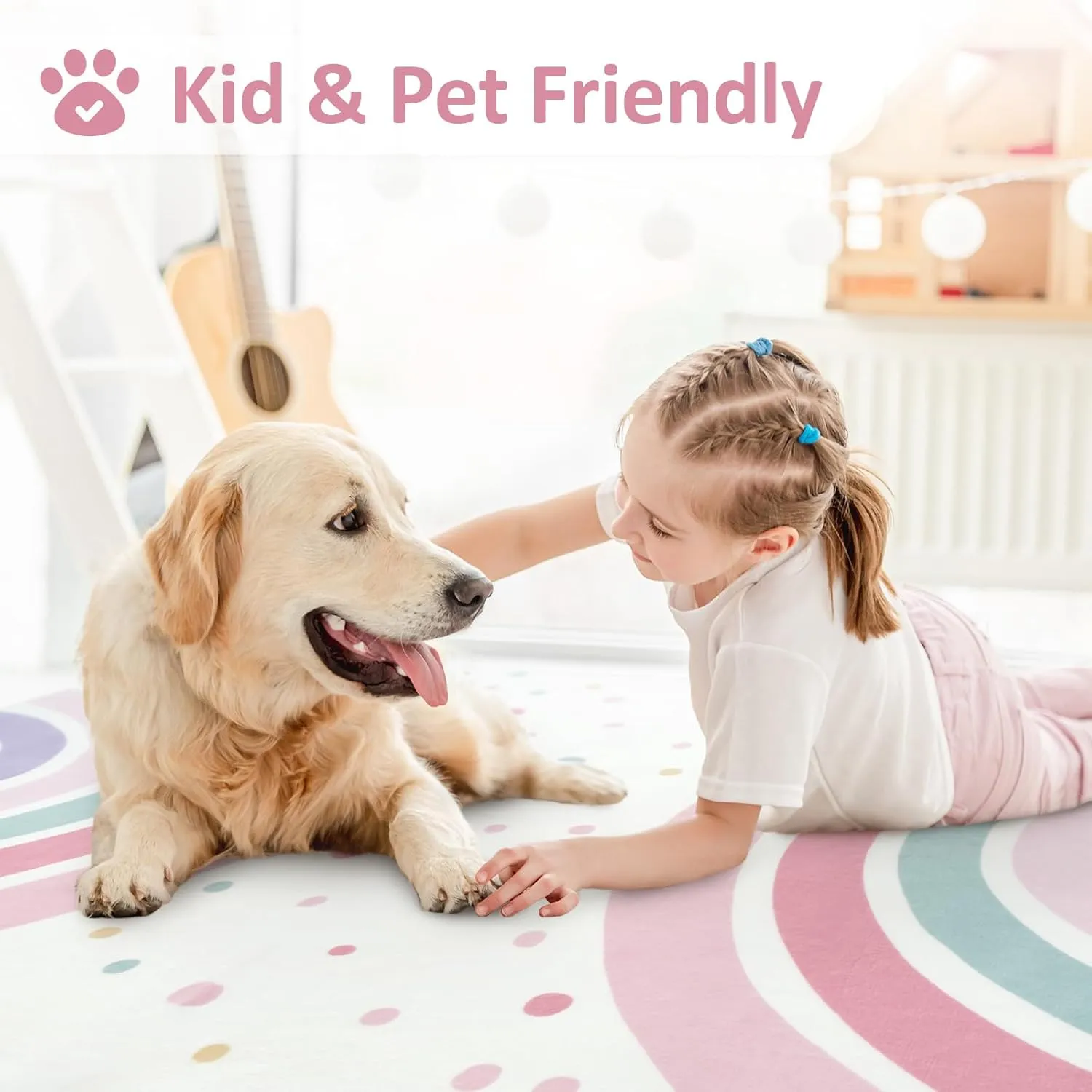 STARUIA 3x5 Rainbow Rug for Nursery Kids Room, Pink Carpet Soft Polka Dot Rug for Girl Bedroom, Non-Slip Small Washable Kids Area Rug for Playroom Princess Tent Castle