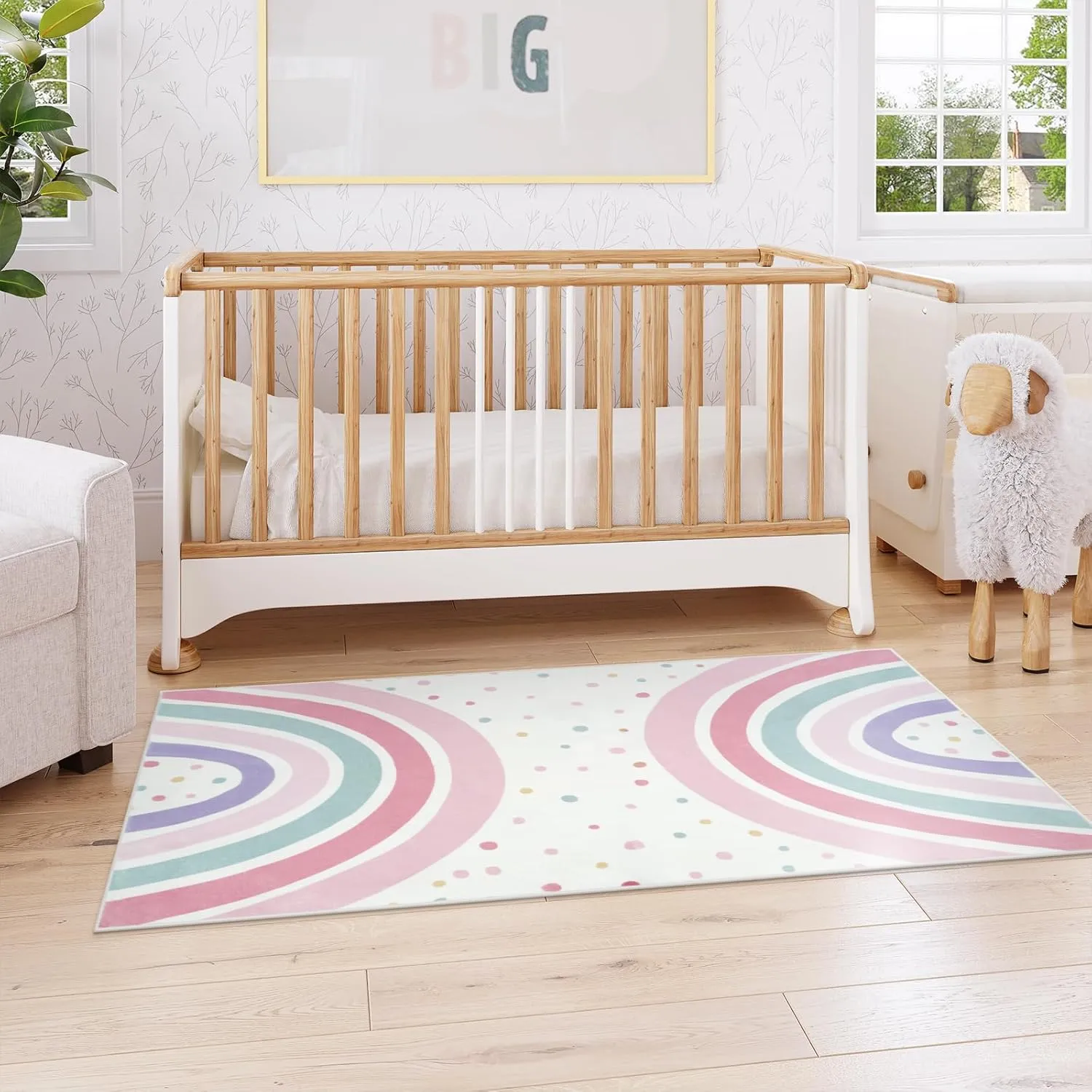 STARUIA 3x5 Rainbow Rug for Nursery Kids Room, Pink Carpet Soft Polka Dot Rug for Girl Bedroom, Non-Slip Small Washable Kids Area Rug for Playroom Princess Tent Castle
