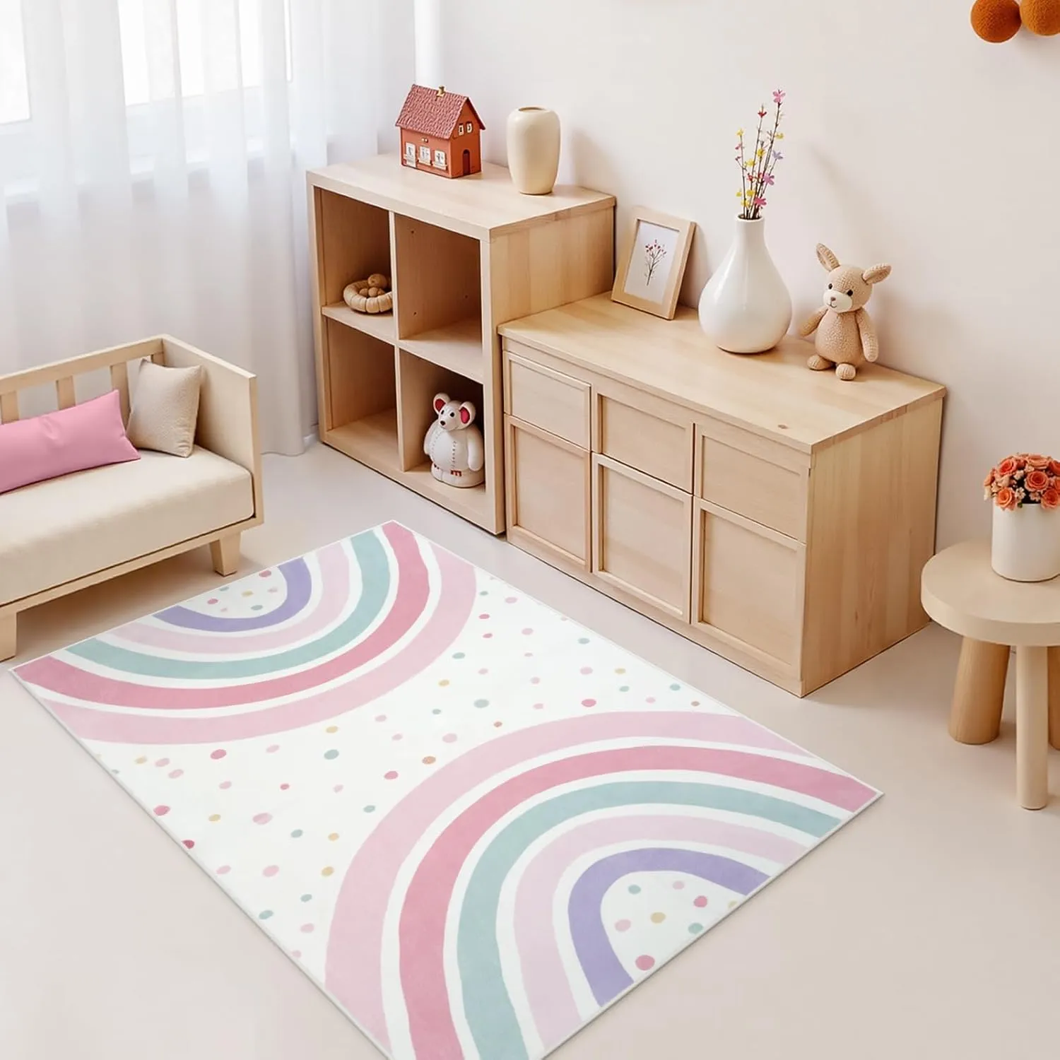 STARUIA 3x5 Rainbow Rug for Nursery Kids Room, Pink Carpet Soft Polka Dot Rug for Girl Bedroom, Non-Slip Small Washable Kids Area Rug for Playroom Princess Tent Castle