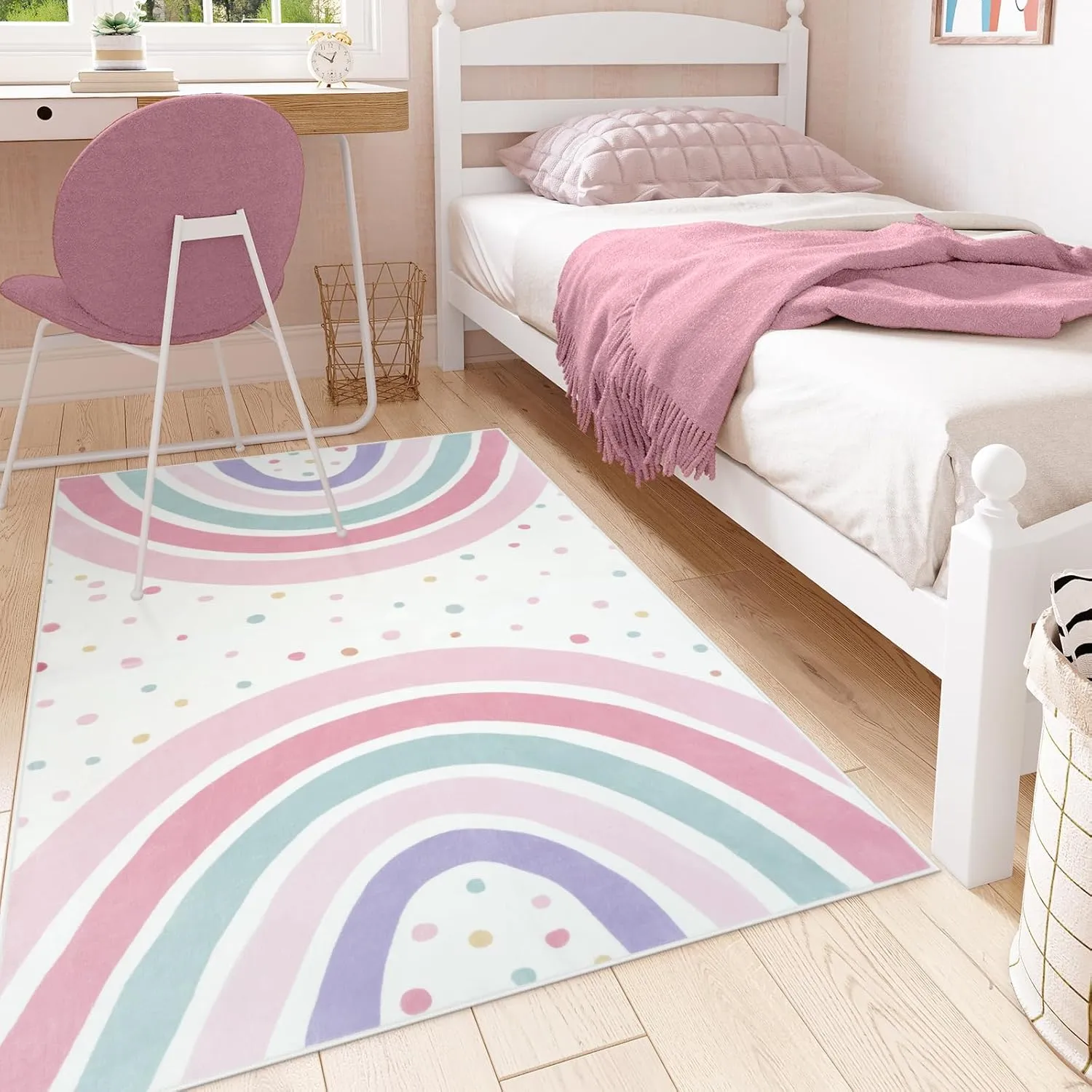 STARUIA 3x5 Rainbow Rug for Nursery Kids Room, Pink Carpet Soft Polka Dot Rug for Girl Bedroom, Non-Slip Small Washable Kids Area Rug for Playroom Princess Tent Castle
