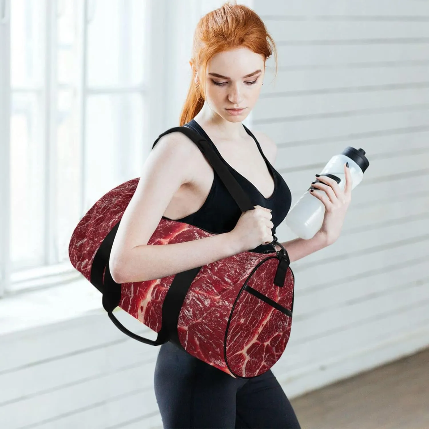 Steak Beef Meant Red Texture Duffel Bag, Foldable Canvas Travel Tote for Gym Sports with Inner Pockets, Durable Lightweight Fitness Bag for Overnight Workout