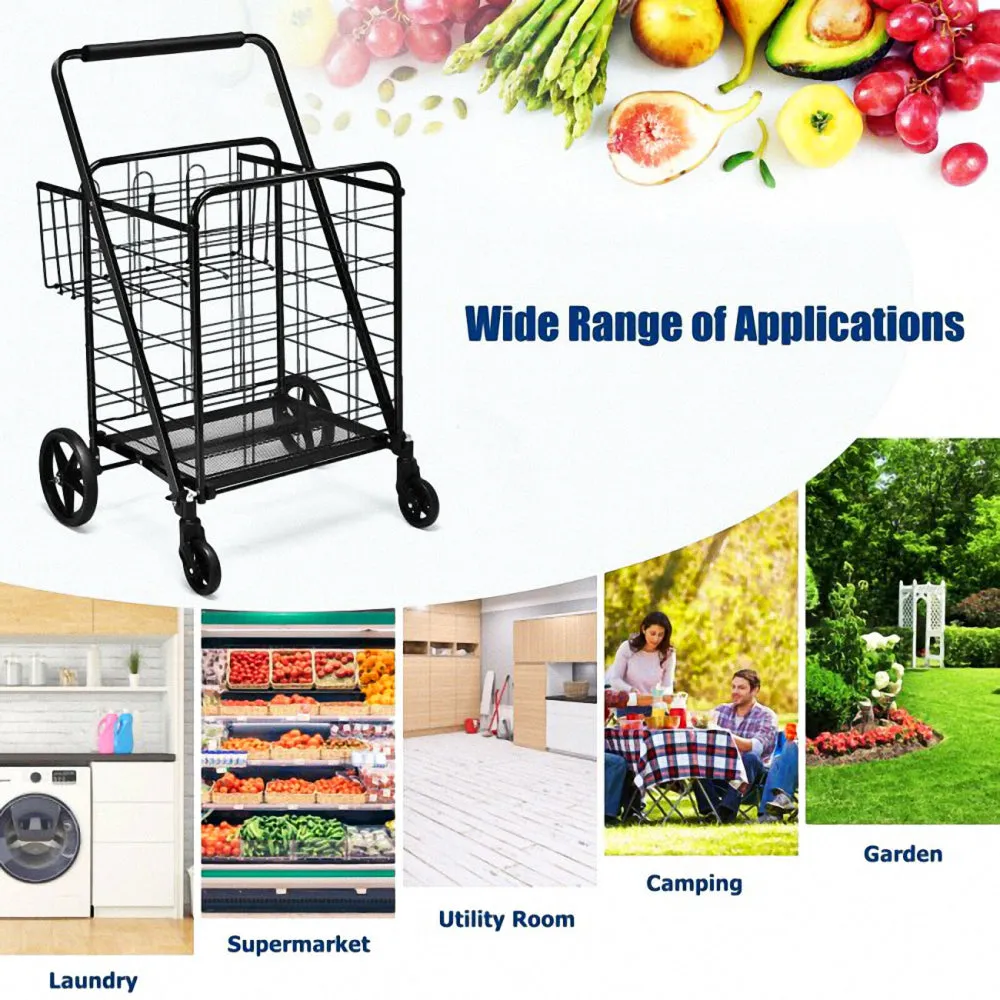 Steel 4-Wheeled Utility Shopping Cart with Basket in Black