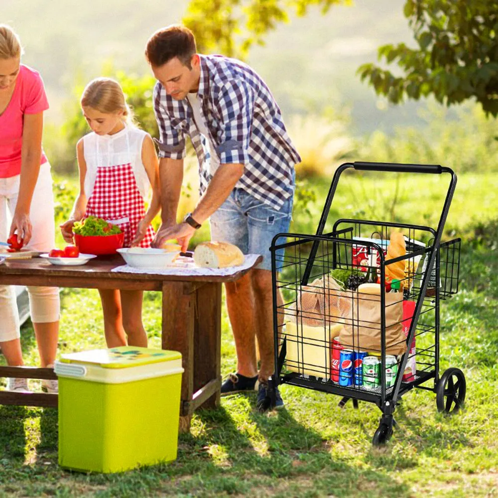 Steel 4-Wheeled Utility Shopping Cart with Basket in Black