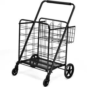 Steel 4-Wheeled Utility Shopping Cart with Basket in Black