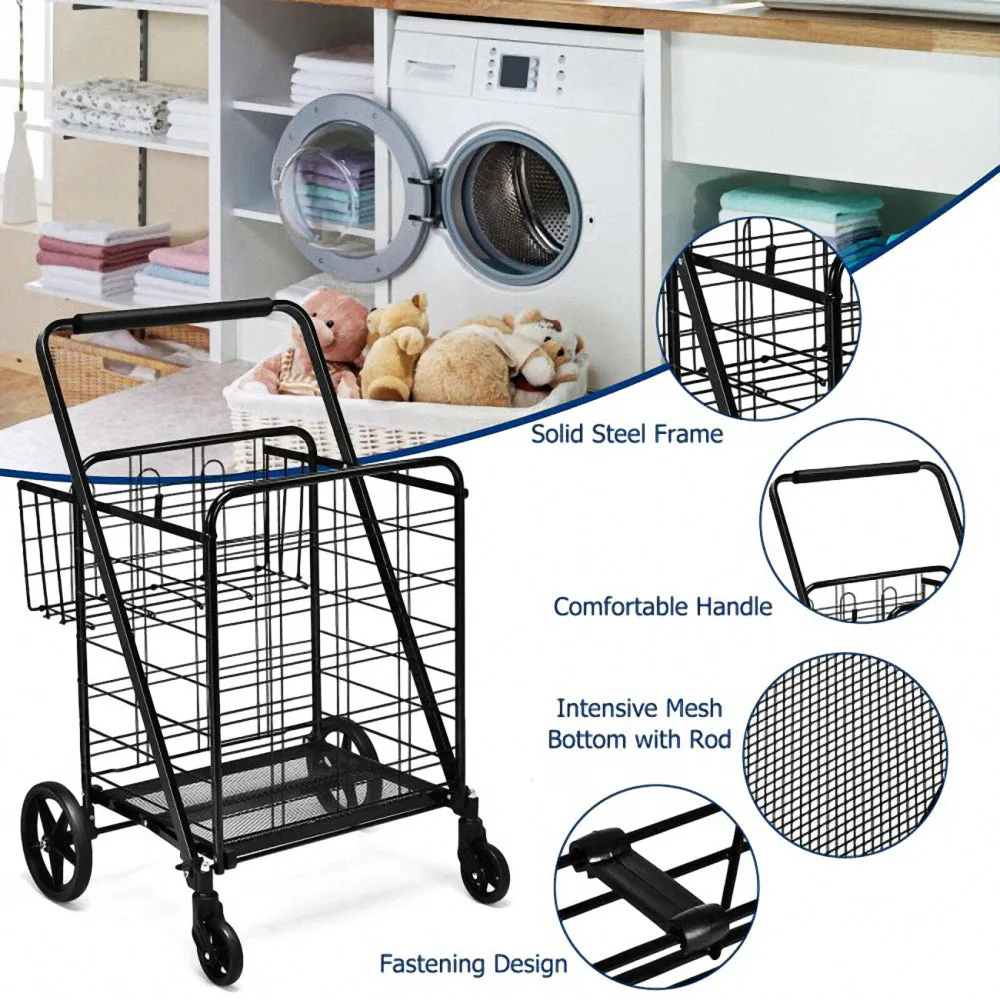 Steel 4-Wheeled Utility Shopping Cart with Basket in Black
