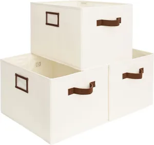 StorageWorks Storage Baskets for Shelves, Foldable Fabric Closet Storage Bins with PU Handles, Fabric Storage Bins Clothes Organizer, Ivory White, 3-Pack, Large