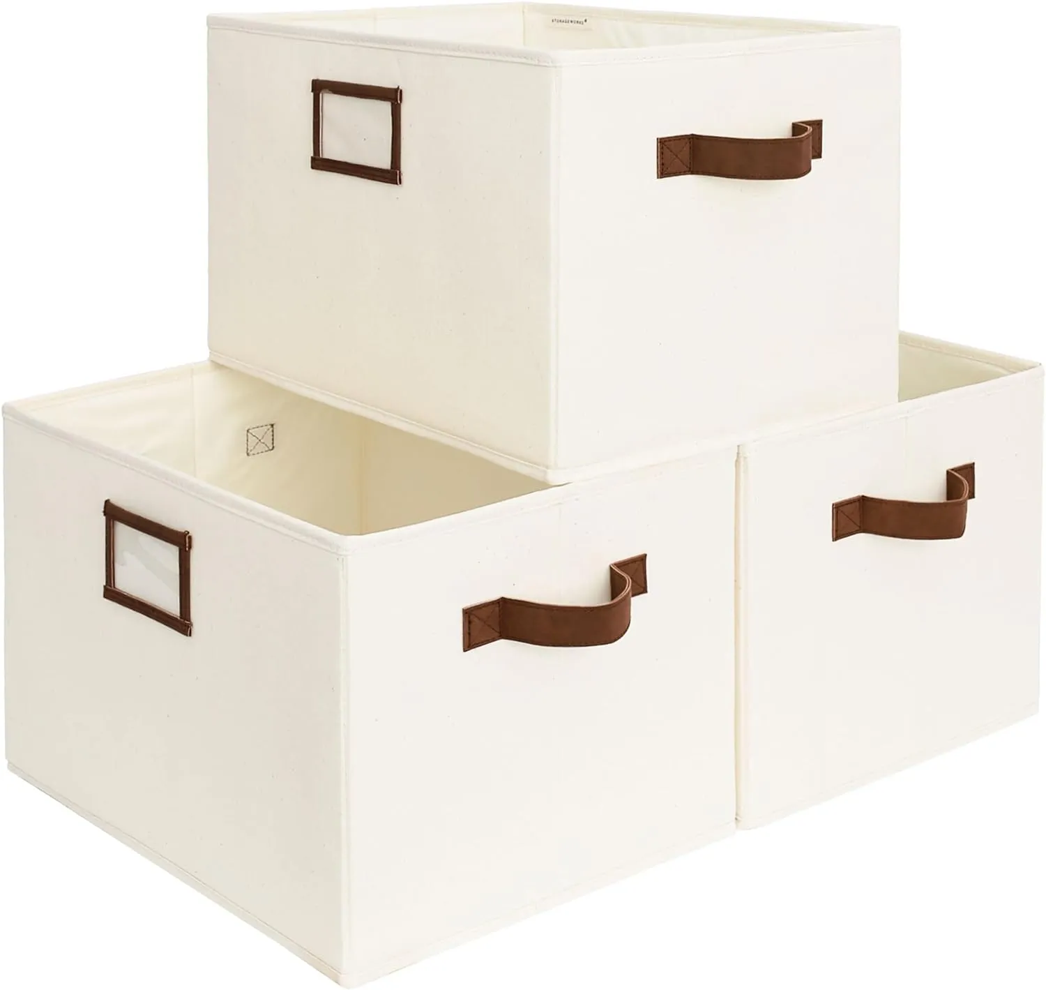 StorageWorks Storage Baskets for Shelves, Foldable Fabric Closet Storage Bins with PU Handles, Fabric Storage Bins Clothes Organizer, Ivory White, 3-Pack, Large