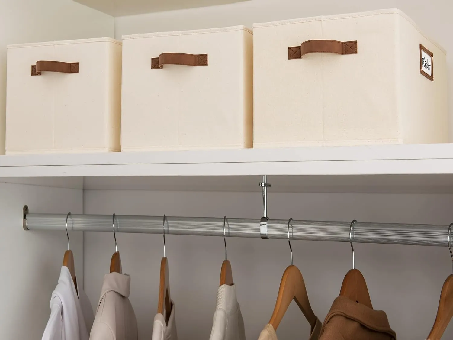 StorageWorks Storage Baskets for Shelves, Foldable Fabric Closet Storage Bins with PU Handles, Fabric Storage Bins Clothes Organizer, Ivory White, 3-Pack, Large
