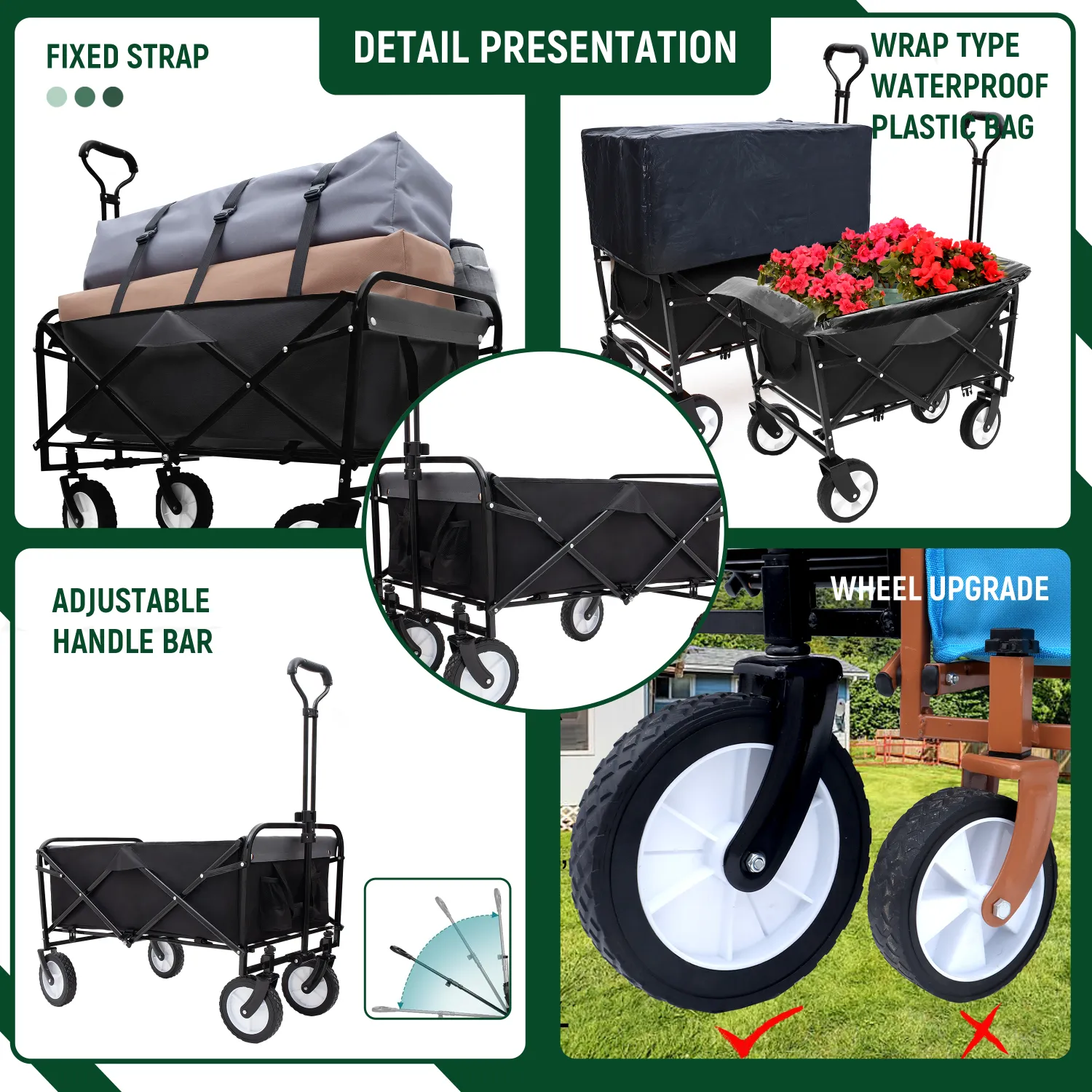 Streamdale 360lbs Collapsible Wagon Cart w/ Straps & Liners - Black