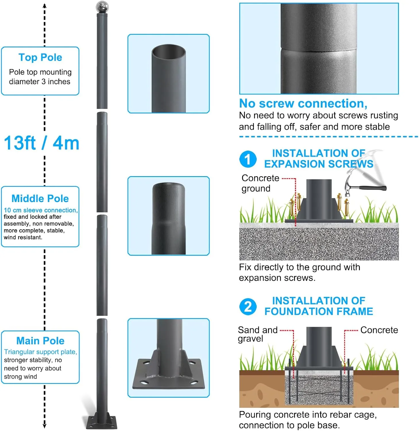 Street Light Pole 13ft Tall, Gray Outdoor Galvanized Heavy-duty Metal Solar Street Lamp Post, Suitable for Outdoor Street Courtyard Parking Lot Lighting Fixtures with Mounting Rebar Cage (13 FT 76mm)
