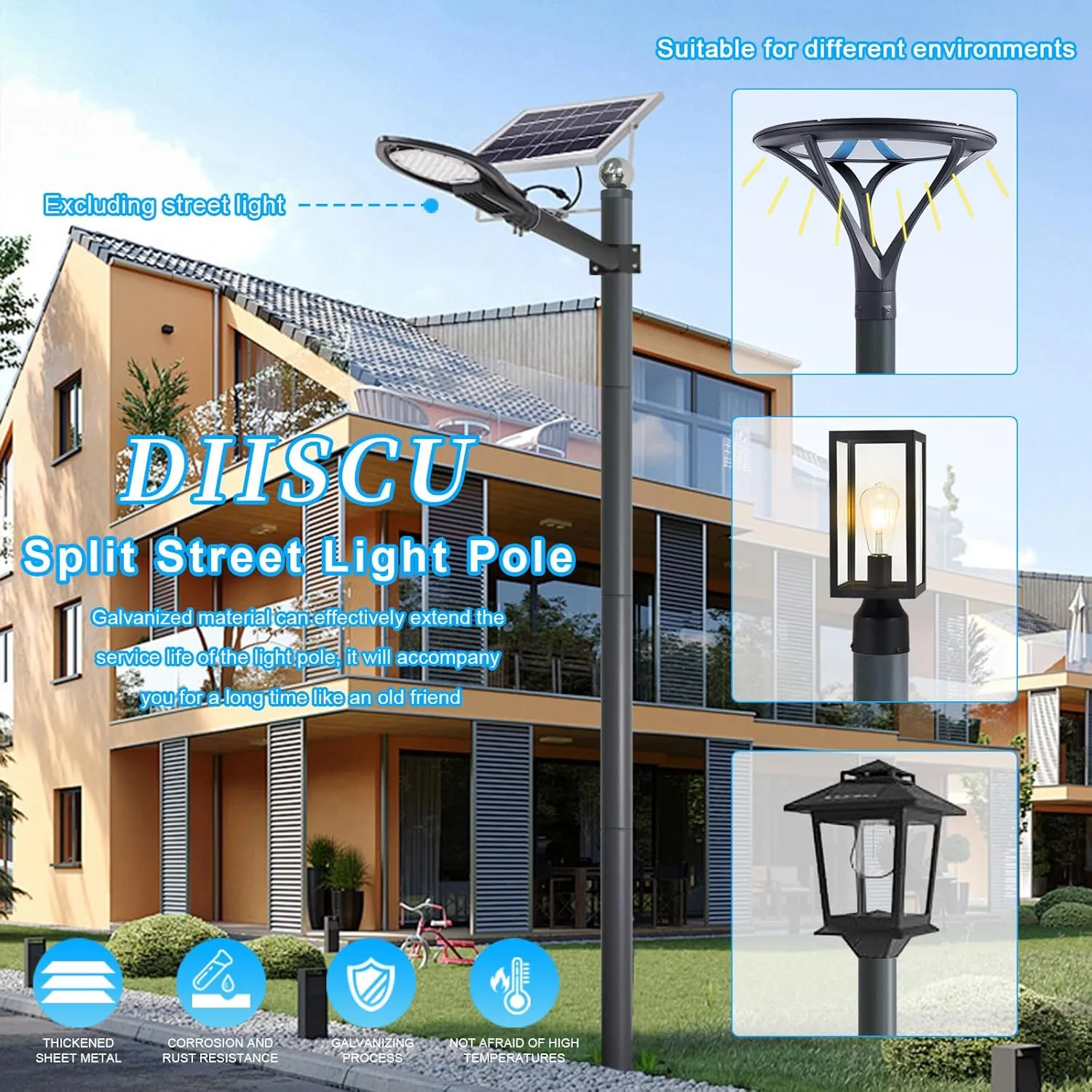Street Light Pole 13ft Tall, Gray Outdoor Galvanized Heavy-duty Metal Solar Street Lamp Post, Suitable for Outdoor Street Courtyard Parking Lot Lighting Fixtures with Mounting Rebar Cage (13 FT 76mm)