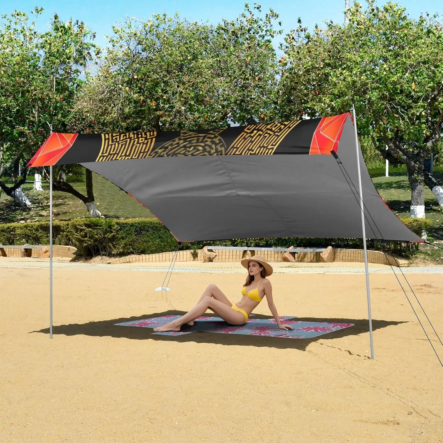 Stylized Red Cat Geometric Black Canopy Beach Tent Sun Shade Outdoor Patio Print Camping Shelter Backyard 9.2 × 10.5 FT Shelters with Sandbags Anchor