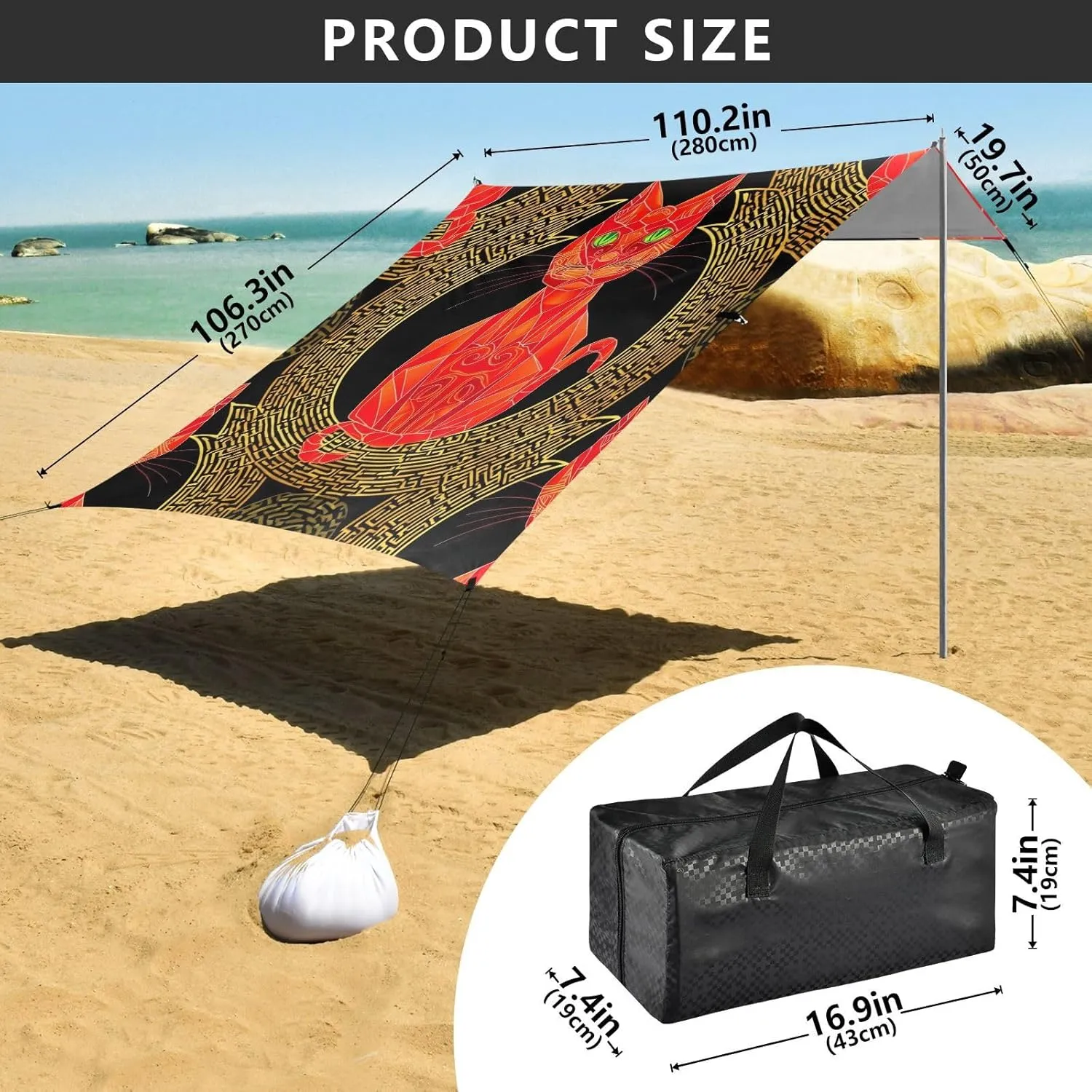 Stylized Red Cat Geometric Black Canopy Beach Tent Sun Shade Outdoor Patio Print Camping Shelter Backyard 9.2 × 10.5 FT Shelters with Sandbags Anchor