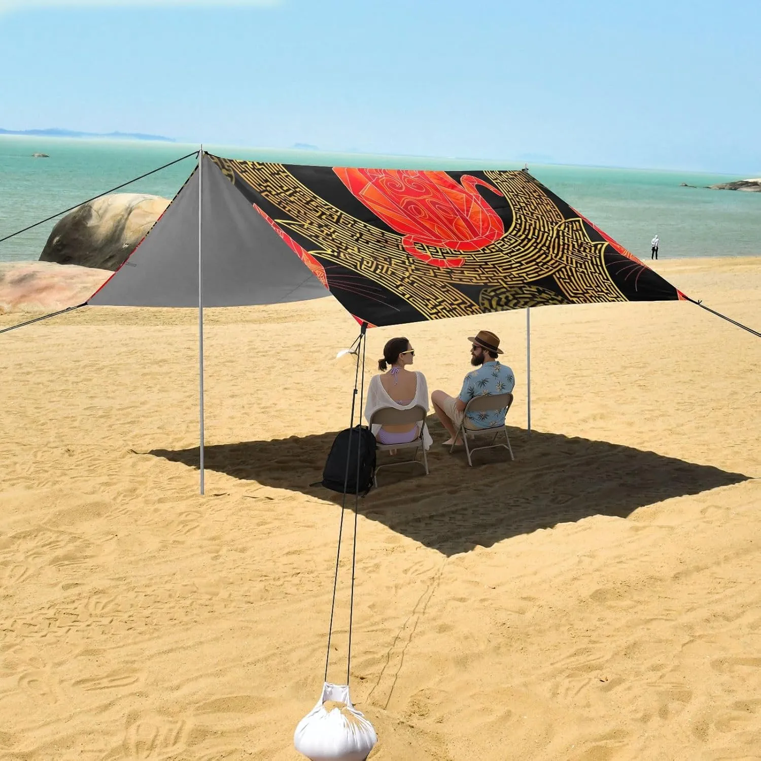 Stylized Red Cat Geometric Black Canopy Beach Tent Sun Shade Outdoor Patio Print Camping Shelter Backyard 9.2 × 10.5 FT Shelters with Sandbags Anchor